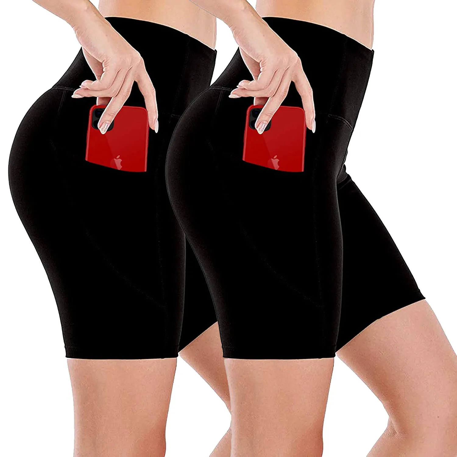 2 Pack High Waist Yoga Running Compression Biker Shorts for Workouts Exercise with 3 Pockets