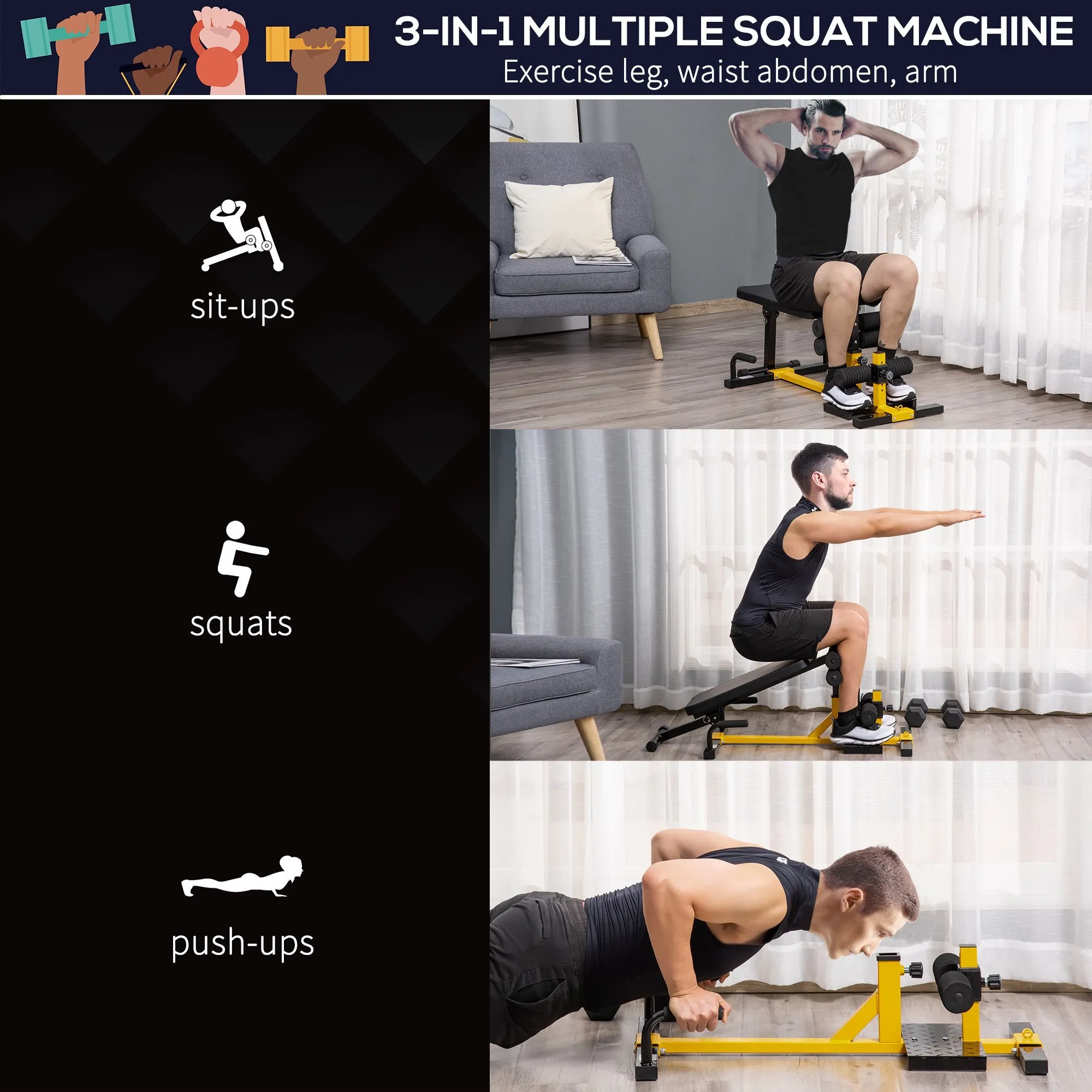 3-In-1 Squat Machine w/ Adjustable Padded Bench