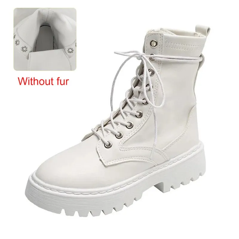 Amozae New Mid Calf Boots Women Autumn Winter Fashion Lace-Up Zipper Botas Mujer Boots Sports Platform Heel Ladies Shoes  Flat