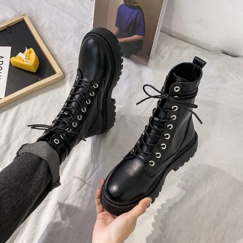 Amozae New Mid Calf Boots Women Autumn Winter Fashion Lace-Up Zipper Botas Mujer Boots Sports Platform Heel Ladies Shoes  Flat