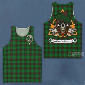 Anstruther Tartan Men's Tank Top with Family Crest and Bearded Skull Holding Bottles of Whiskey