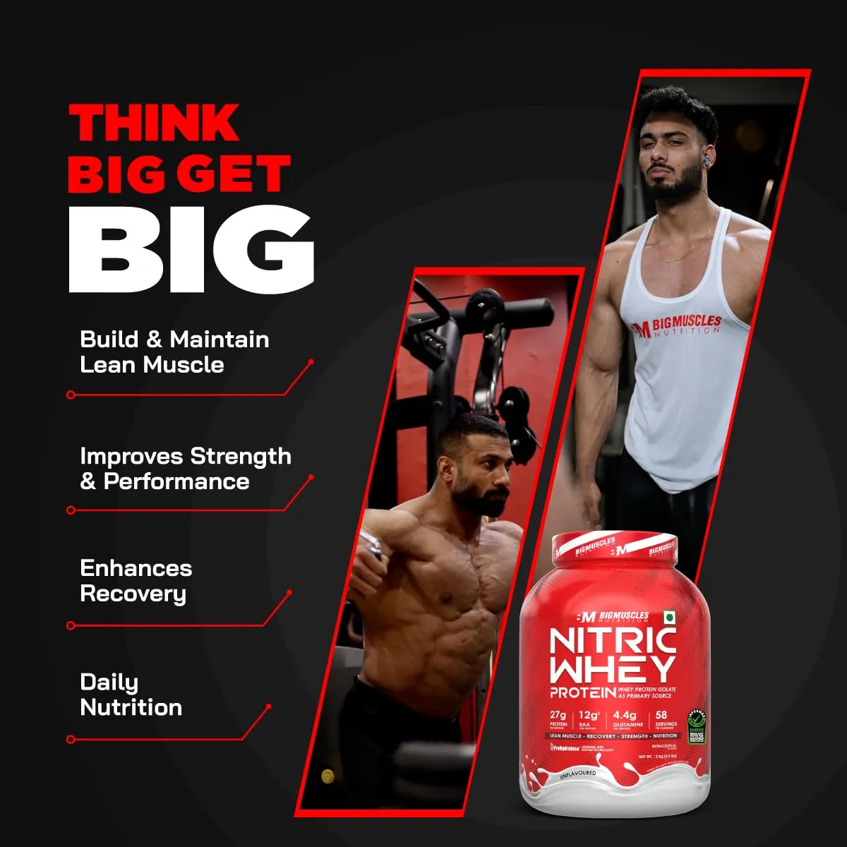 Bigmuscles Nutrition Nitric Whey Protein | 27g Isolate Whey Protein | Informed Choice UK Certified | ProHydrolase Enzyme Tech. for Faster Absorption & Lean Muscle Growth | Unflavoured | 1Kg