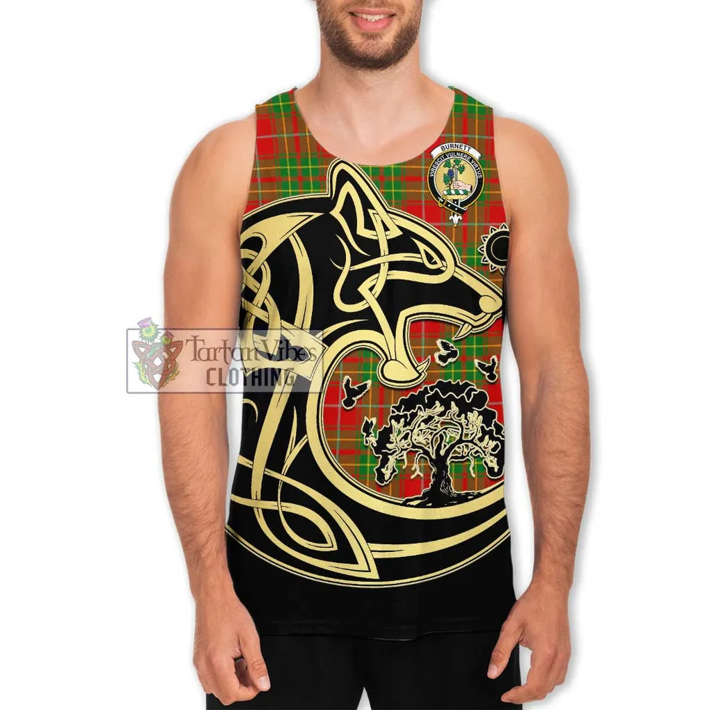 Burnett Tartan Men's Tank Top with Family Crest Celtic Wolf Style