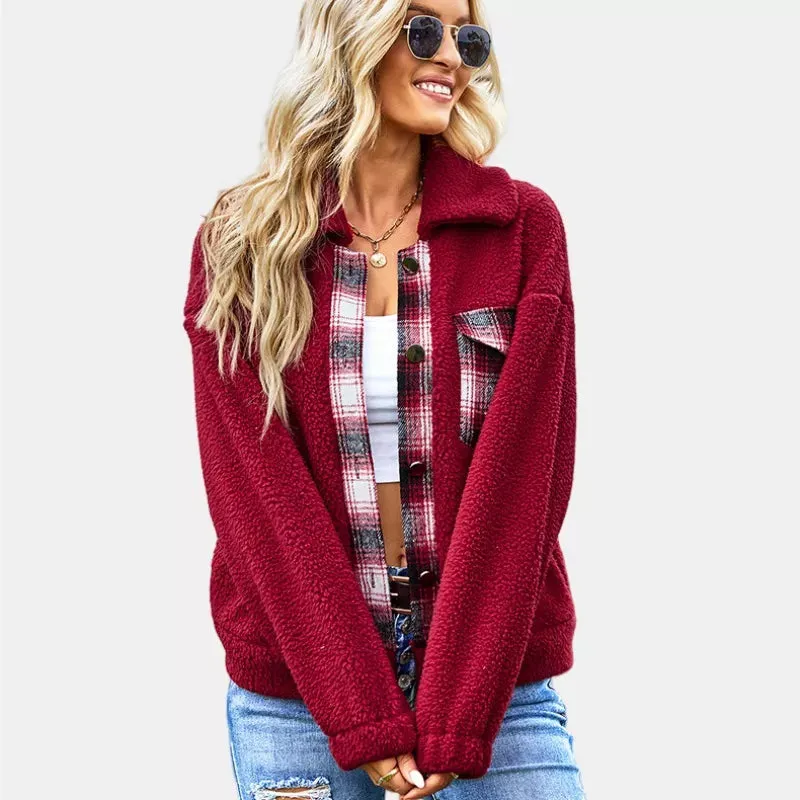 Button Closure Chest Pocket Fuzzy Fleece Sherpa Jacket in Burgundy