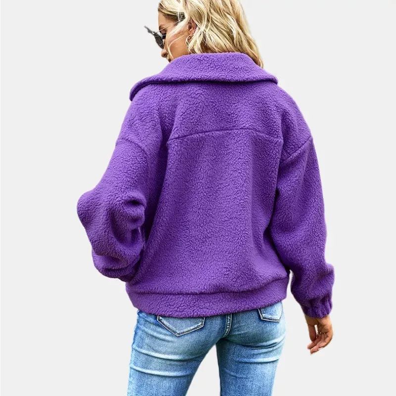 Button Closure Chest Pocket Fuzzy Fleece Sherpa Jacket in Purple