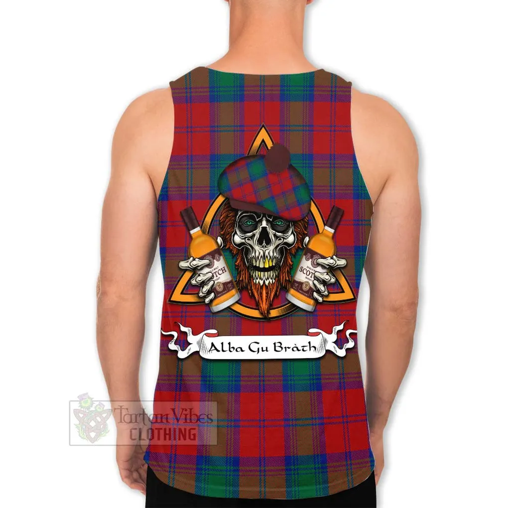 Byres (Byses) Tartan Men's Tank Top with Family Crest and Bearded Skull Holding Bottles of Whiskey