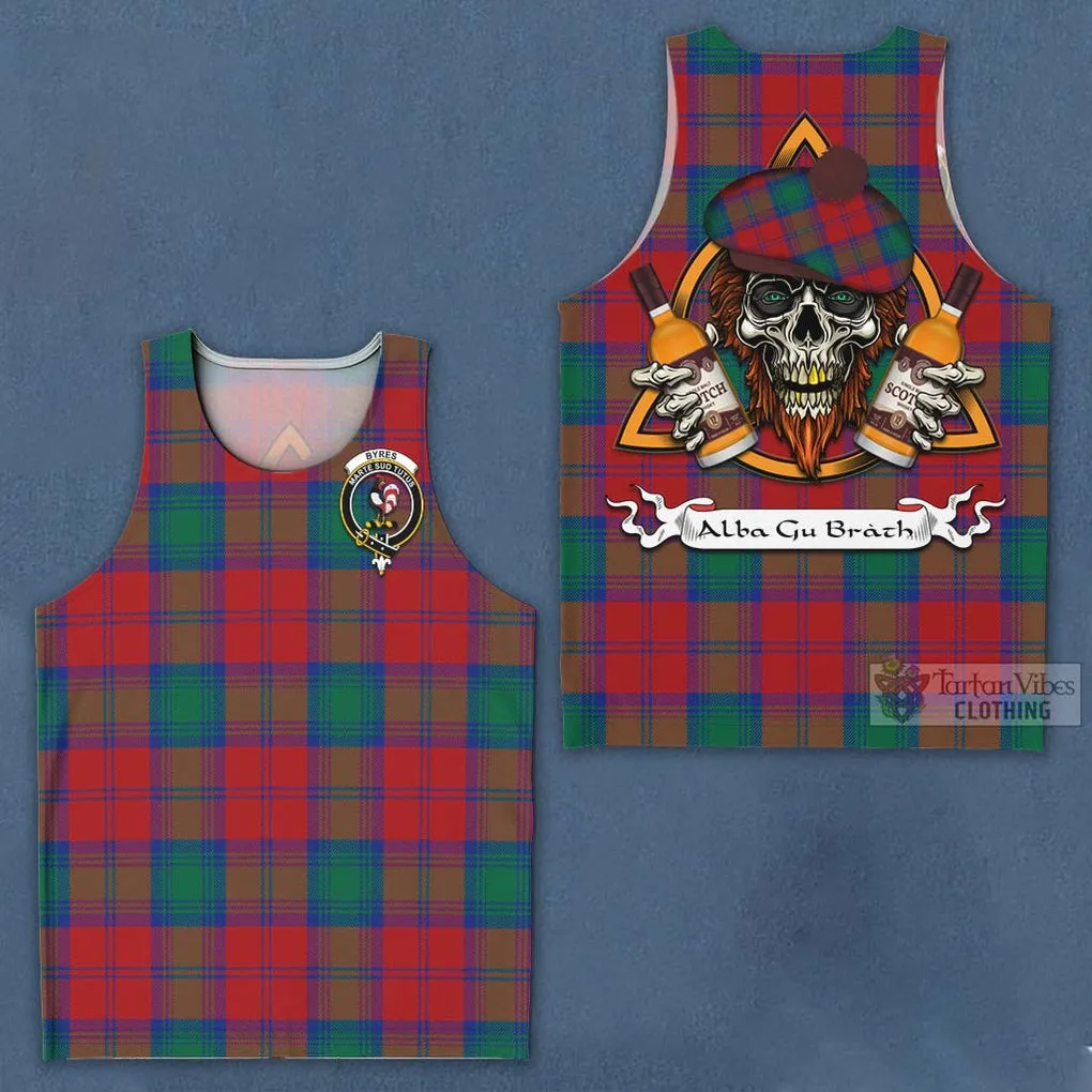 Byres (Byses) Tartan Men's Tank Top with Family Crest and Bearded Skull Holding Bottles of Whiskey