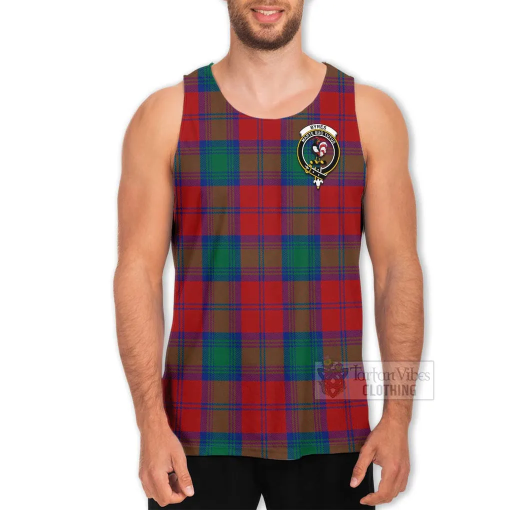 Byres (Byses) Tartan Men's Tank Top with Family Crest and Bearded Skull Holding Bottles of Whiskey