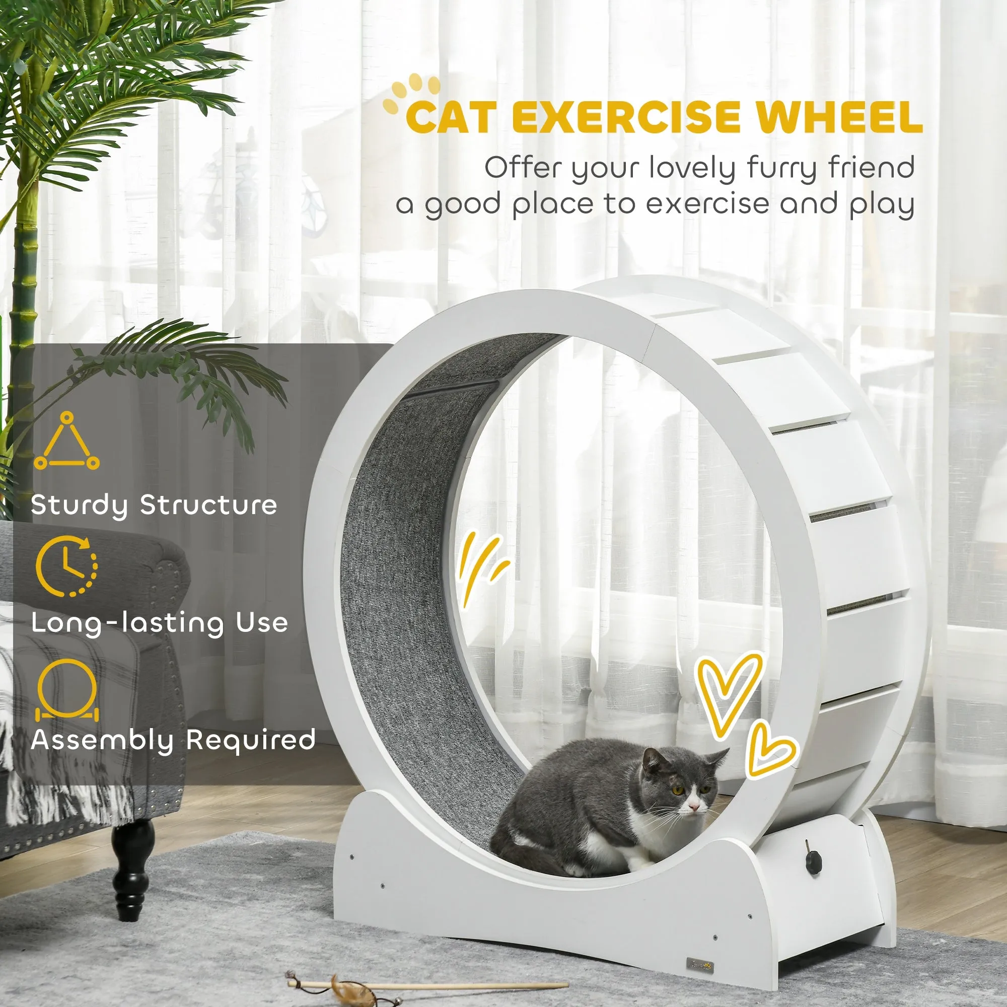 Cat Treadmill, 30" Wooden Cat Running Wheel with Brake, White