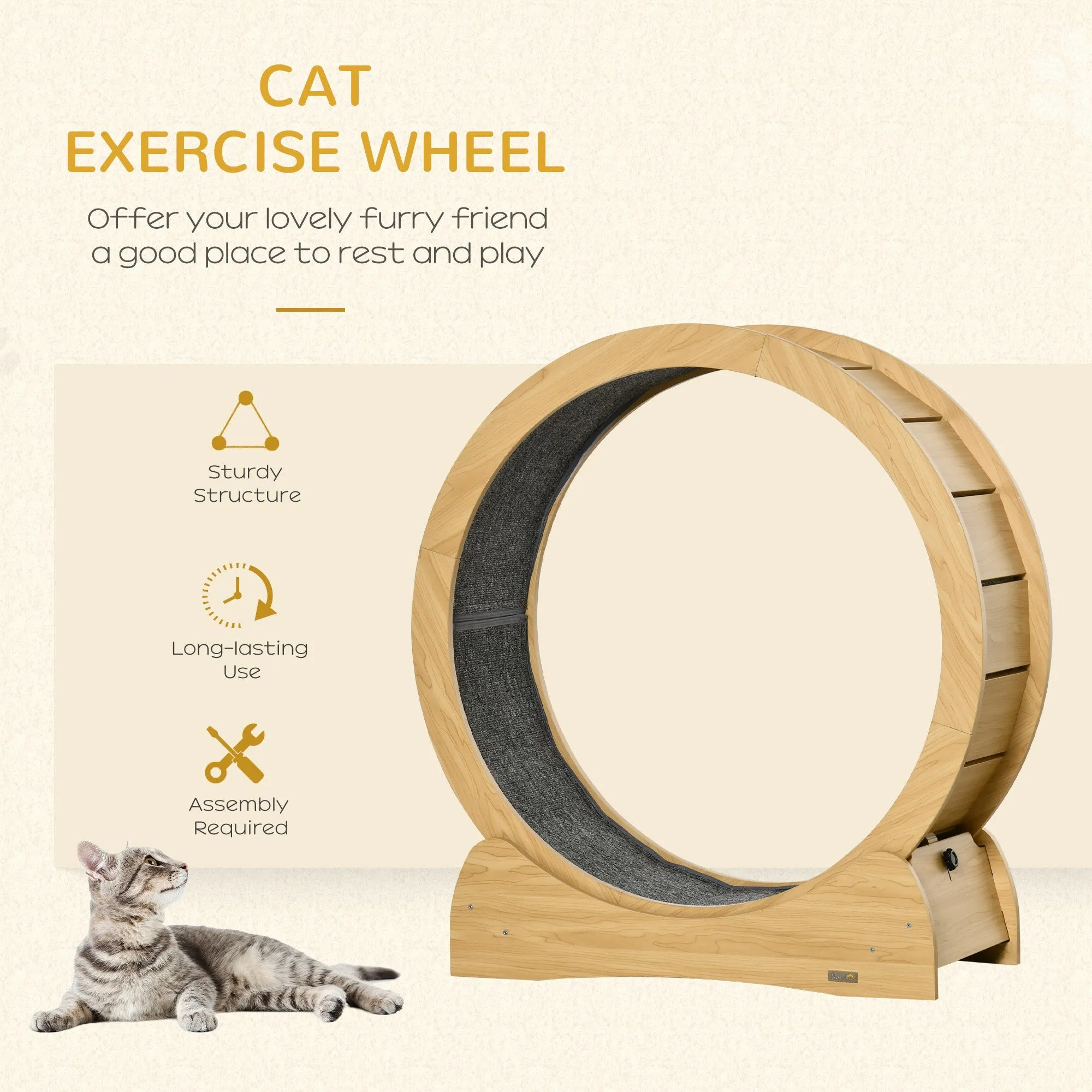 Cat Treadmill, Wooden Cat Exercise Wheel with Carpeted Runway, Cat Running Wheel w/Brake, Cat Tree for Physical Activity, Natural Wood Finish