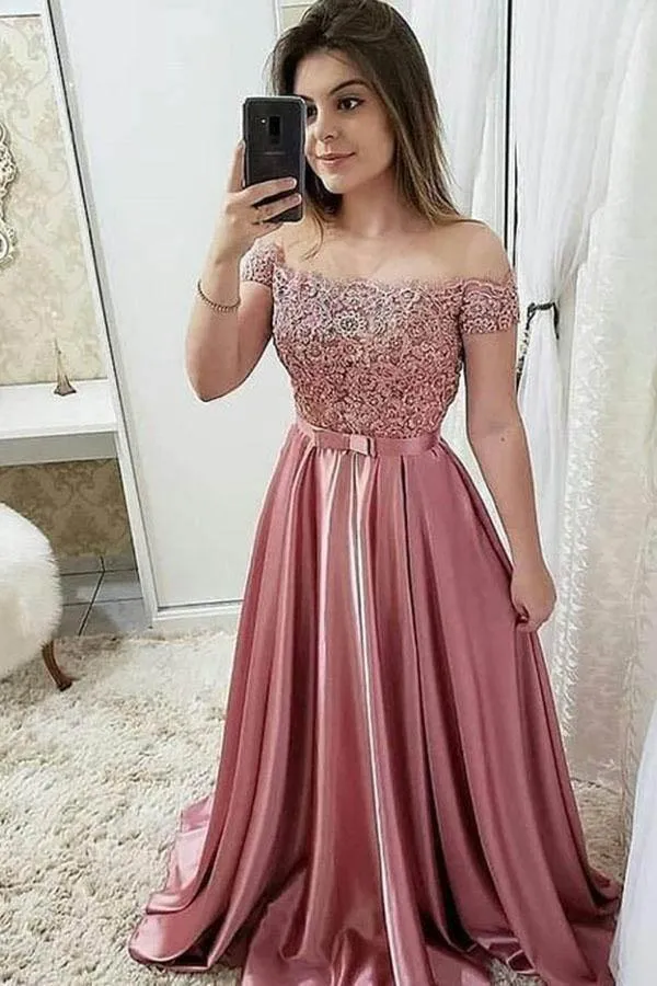 Chic Burgundy Off Shoulder Floor Length Satin Lace Prom Dresses  PG897