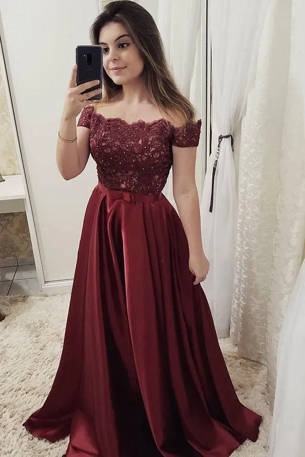 Chic Burgundy Off Shoulder Floor Length Satin Lace Prom Dresses  PG897