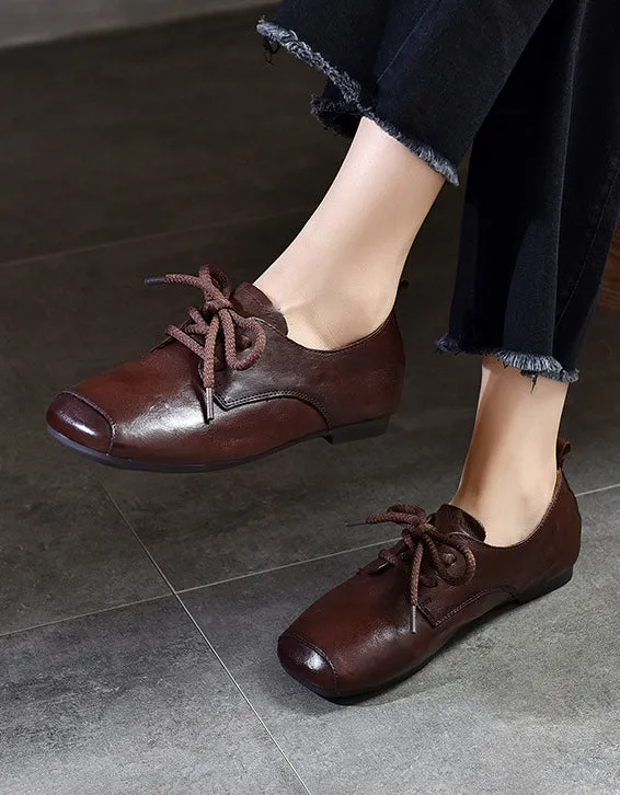 Comfortable Leather Square Toe Lace-up Retro Flat Shoes