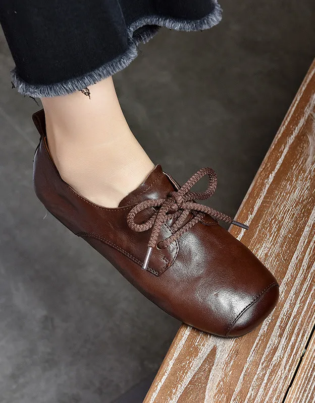 Comfortable Leather Square Toe Lace-up Retro Flat Shoes