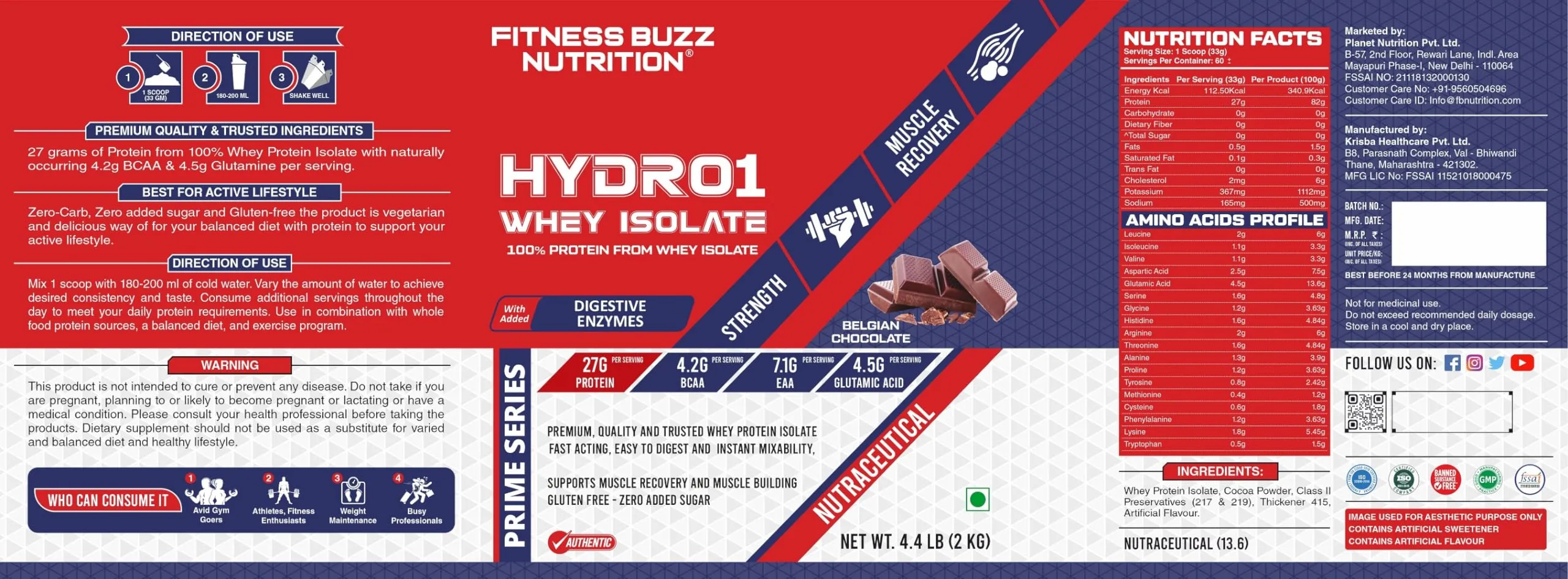 FB Nutrition I Fitness Buzz I Prime Series I Hydro-1 I Whey Isolate I Protein I BCAA I EAA I Glutamic Acid I Digestive Enzymes I Iced Cappucinno I 2 Kg