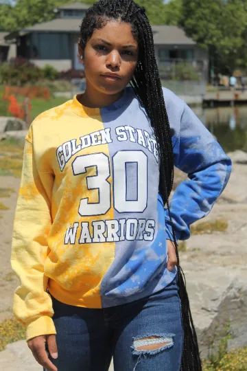 Handmade Golden State Royal Blue and Gold Bleached Half and Half Sweatshirt