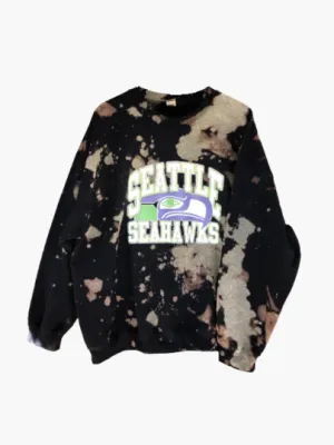 Handmade Seattle Seahawks Navy Bleached Crew Sweatshirt