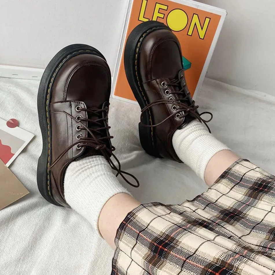 Hnzxzm British Black Brown Shoes for Women Lace Up Women Casual Shoes Low Ladies Comfortable Leather Shoes Cotton Boot