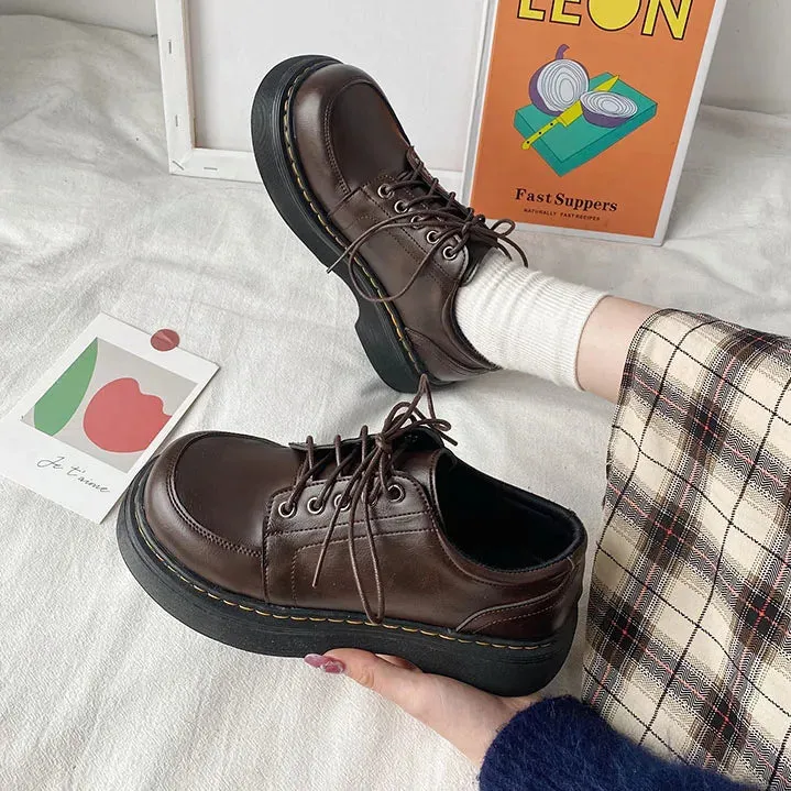 Hnzxzm British Black Brown Shoes for Women Lace Up Women Casual Shoes Low Ladies Comfortable Leather Shoes Cotton Boot