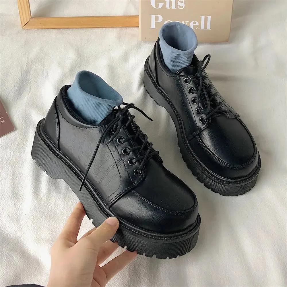 Hnzxzm British Black Brown Shoes for Women Lace Up Women Casual Shoes Low Ladies Comfortable Leather Shoes Cotton Boot