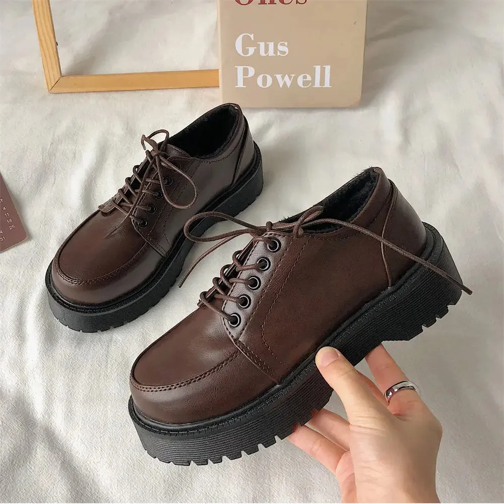 Hnzxzm British Black Brown Shoes for Women Lace Up Women Casual Shoes Low Ladies Comfortable Leather Shoes Cotton Boot