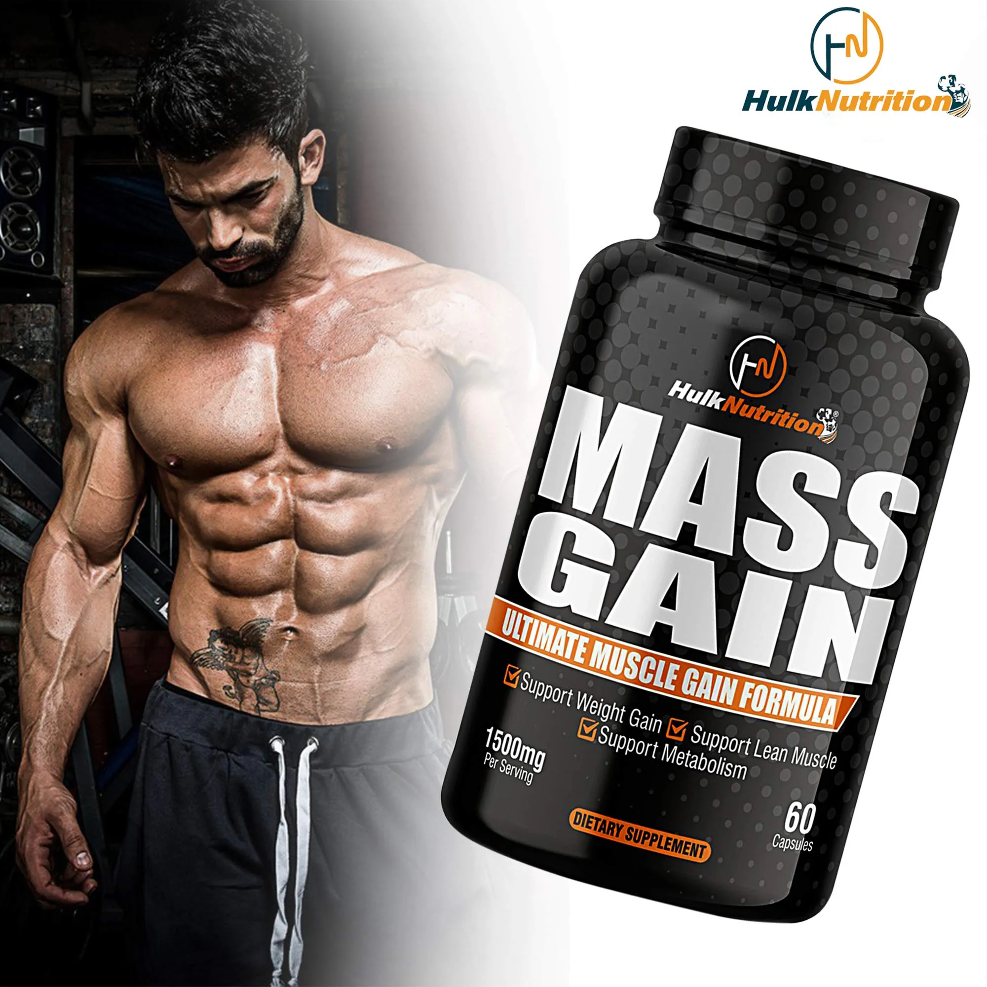 Hulk Nutrition Bulk Gain Mass & Weight Gainer Capsule for Fast Weight & Muscle Gain, Muscle Building Weight Lifters Supplement for Muscle Growth, Stamina & Strength, Men & Women - 60 Capsules | Free Gallon