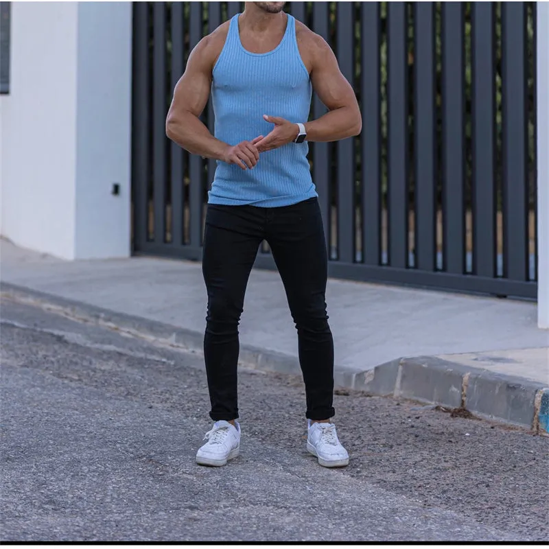 Men's Tank Top Solid Color Tightening Knit Vertical Stripe Bodybuilding Vest