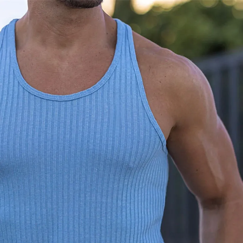 Men's Tank Top Solid Color Tightening Knit Vertical Stripe Bodybuilding Vest