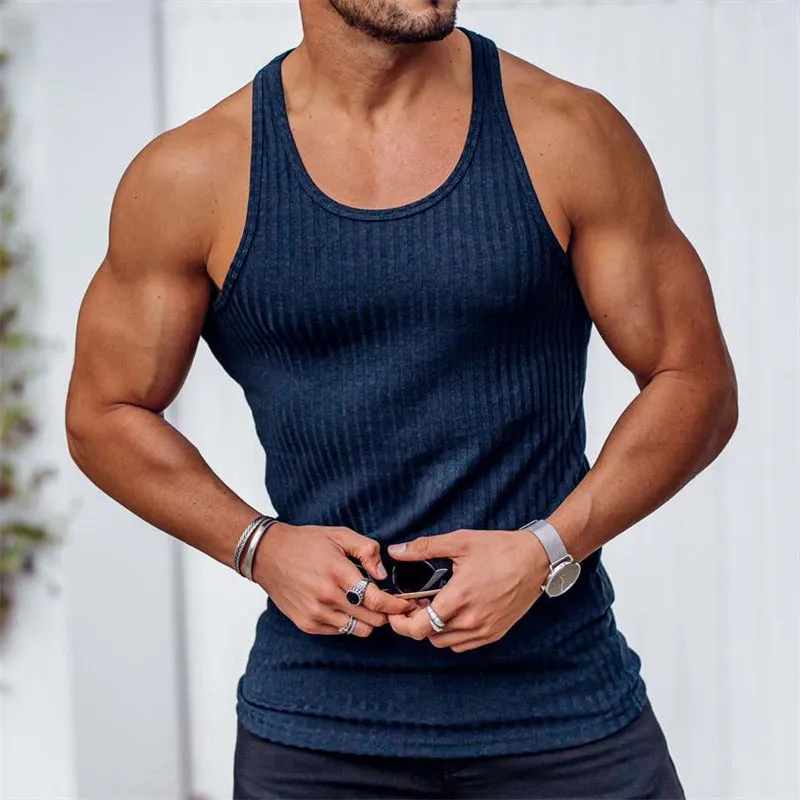 Men's Tank Top Solid Color Tightening Knit Vertical Stripe Bodybuilding Vest