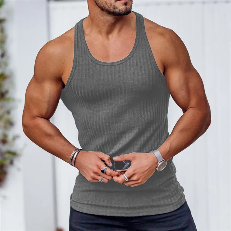 Men's Tank Top Solid Color Tightening Knit Vertical Stripe Bodybuilding Vest