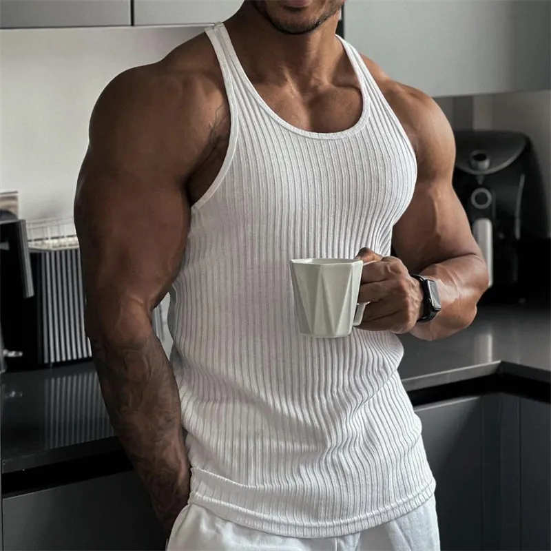 Men's Tank Top Solid Color Tightening Knit Vertical Stripe Bodybuilding Vest