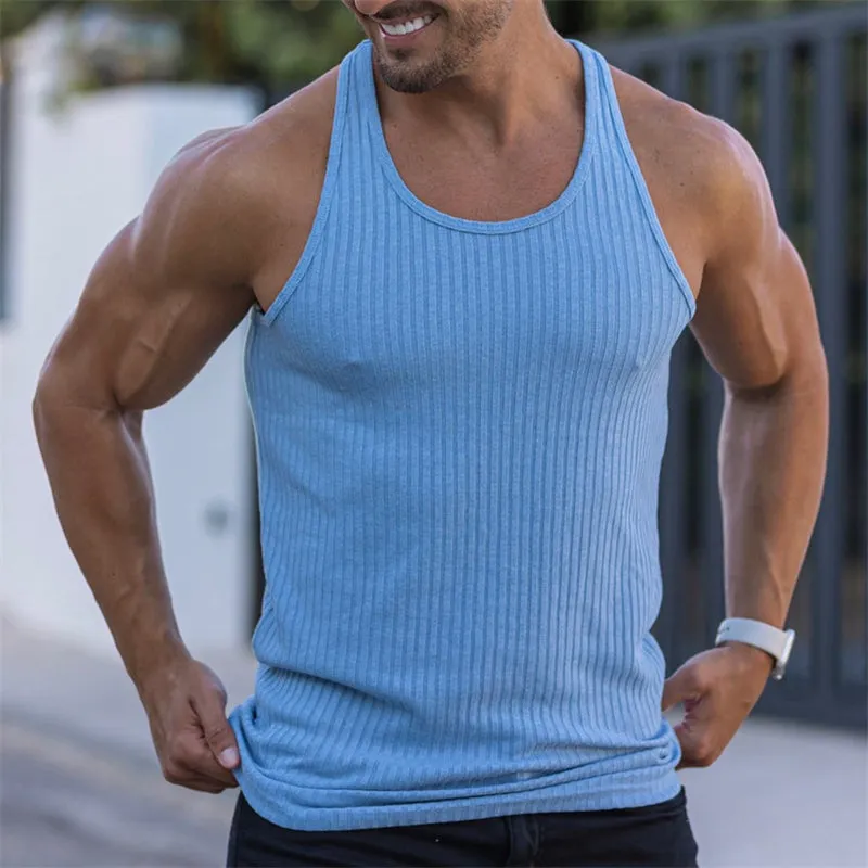 Men's Tank Top Solid Color Tightening Knit Vertical Stripe Bodybuilding Vest