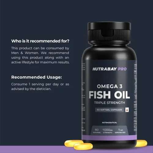 Nutrabay Pro Omega 3 Fish Oil (Triple Strength) - 460 mg EPA & 380 mg DHA for Healthy Brain, Heart, Eyes & Joints - 1000mg, 60 Capsules