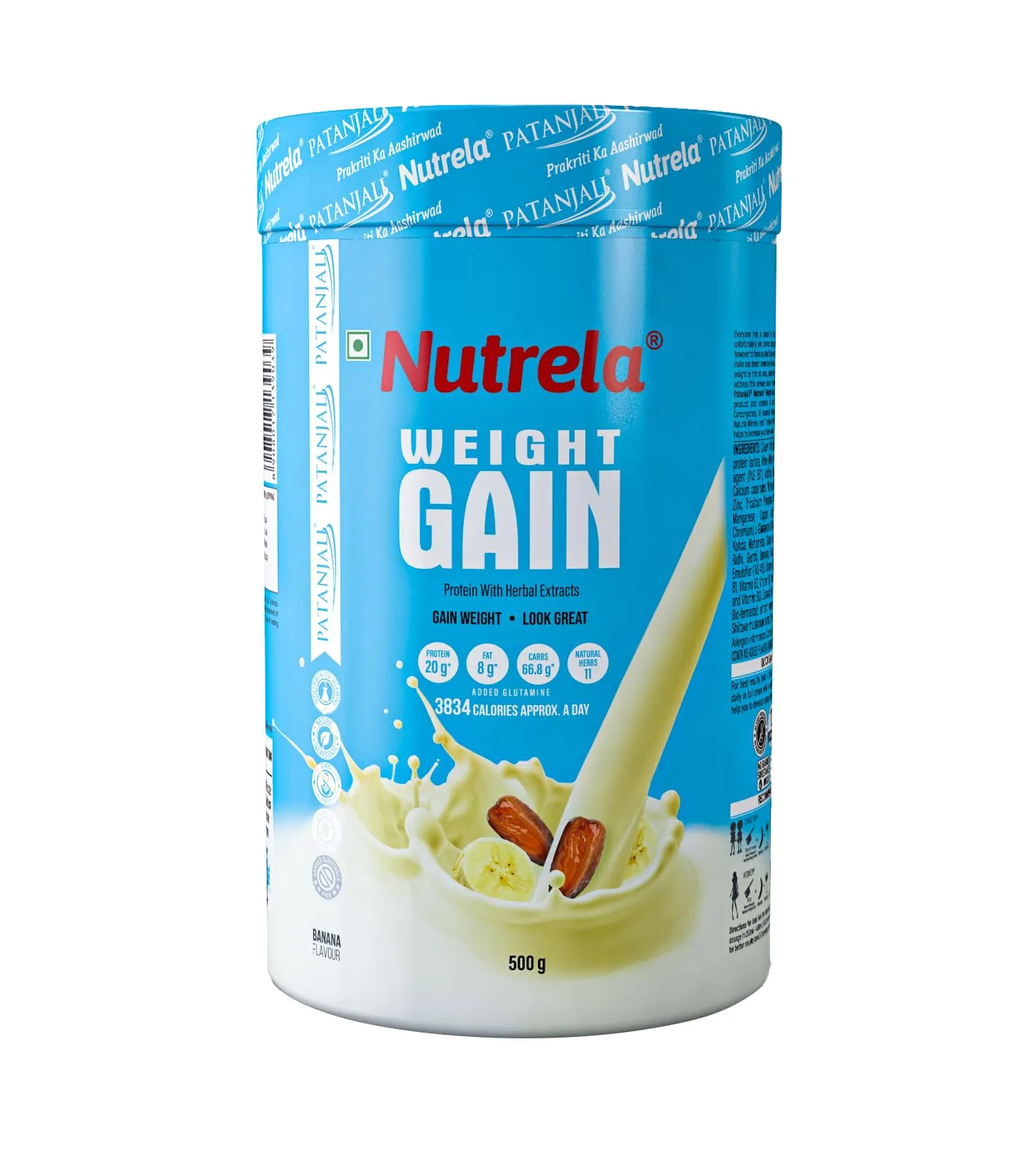 Nutrela Weight Gainer - 500g (Pack of 2) | 20g Protein, 66.8 Carbs & 3834gm Calories | Ideal for Athlete, Men, Women & Kids - Banana Flavour