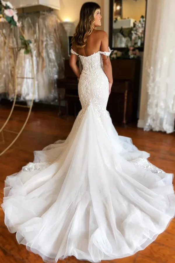 Plunging Neckline Ivory Off-the-Shoulder Mermaid Wedding Dress WD708