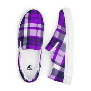 Purple and Navy Blue Preppy Surfer Plaid Men’s Slip On Canvas Shoes