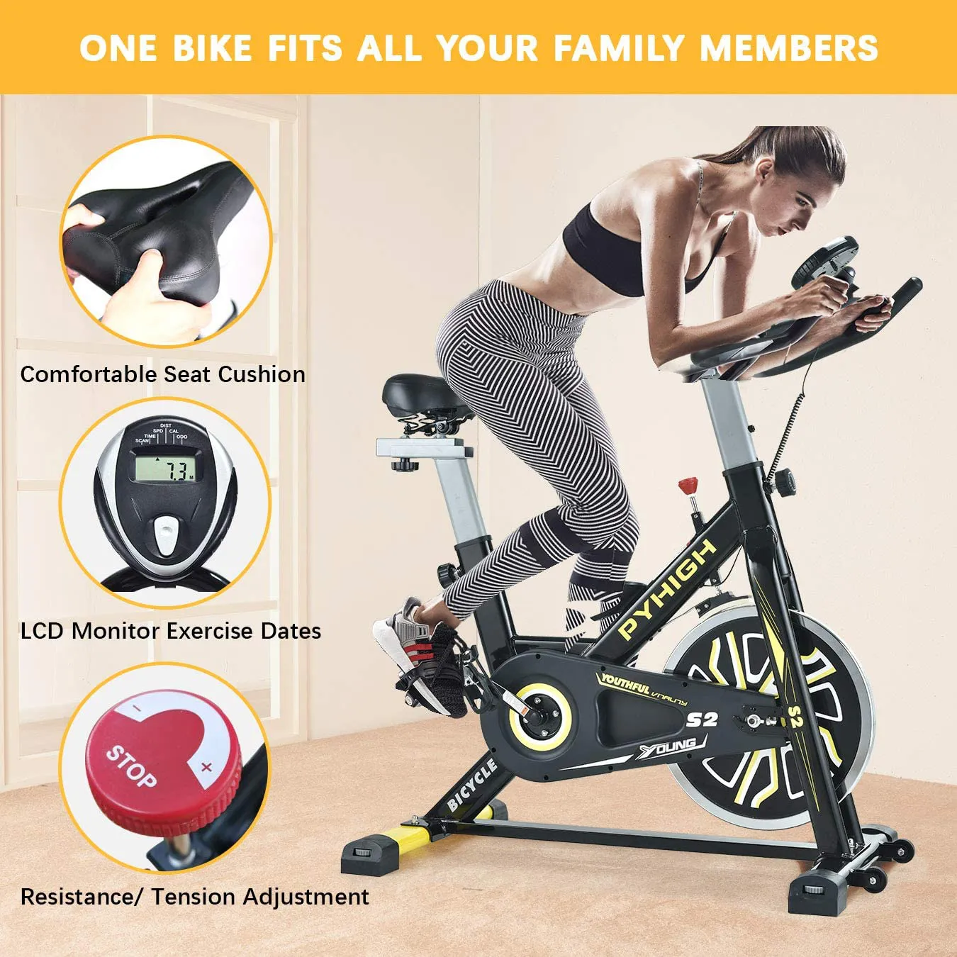 PYHIGH Indoor Cycling Bike Stationary Exercise Bike, Comfortable Seat Cushion, Ipad Holder with LCD Monitor for Home Cardio Workout Bike