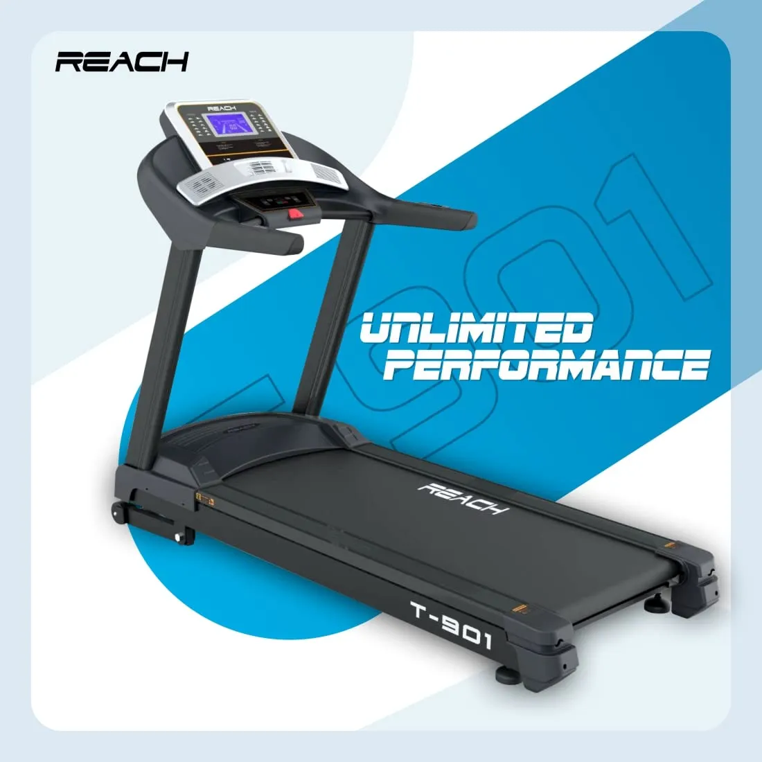 Reach T-901 7 HP Peak DC Motor Premium Treadmill | Automatic Incline with Powerful Motor | Home Exercise & Running Machine | LCD display with 24 Preset Programs | 24 km/hr Max User Weight 130 Kgs