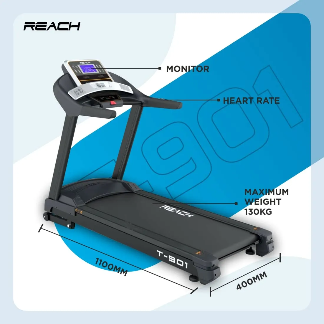 Reach T-901 7 HP Peak DC Motor Premium Treadmill | Automatic Incline with Powerful Motor | Home Exercise & Running Machine | LCD display with 24 Preset Programs | 24 km/hr Max User Weight 130 Kgs