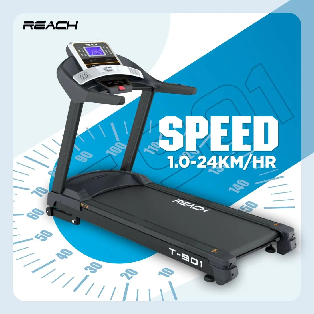 Reach T-901 7 HP Peak DC Motor Premium Treadmill | Automatic Incline with Powerful Motor | Home Exercise & Running Machine | LCD display with 24 Preset Programs | 24 km/hr Max User Weight 130 Kgs