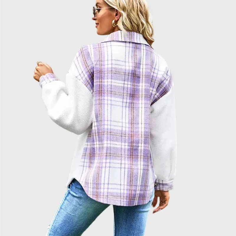 Sherpa Shirt Jacket Purple Checker Button Closure Boyfriend Style Warm Fleece