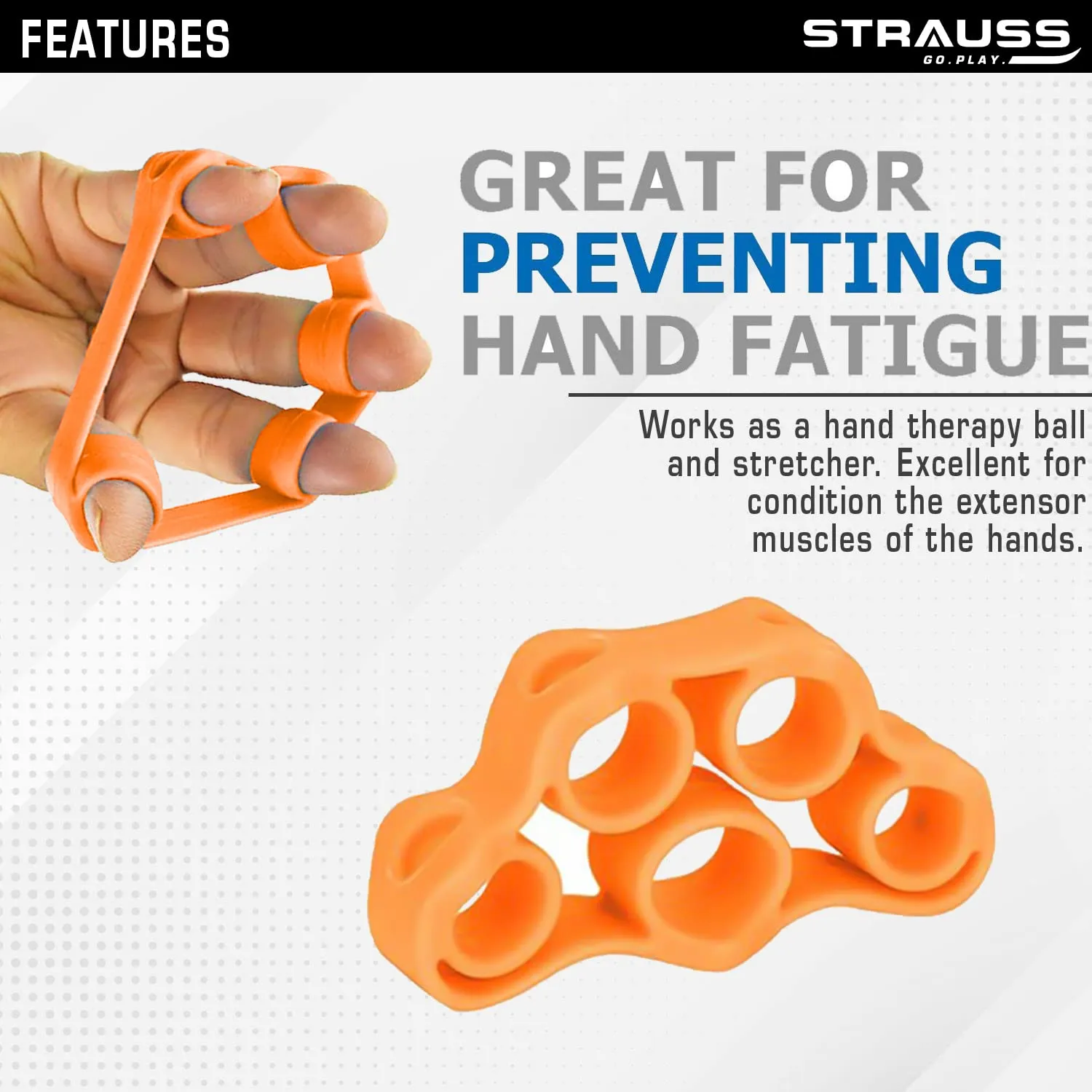 Strauss Finger Stretcher | Hand Strengthener for Carpal Tunnel Relief and Grip Strength | Silicone Finger Gripper and Finger Stretcher | Ideal for All Skill Level, (Orange)