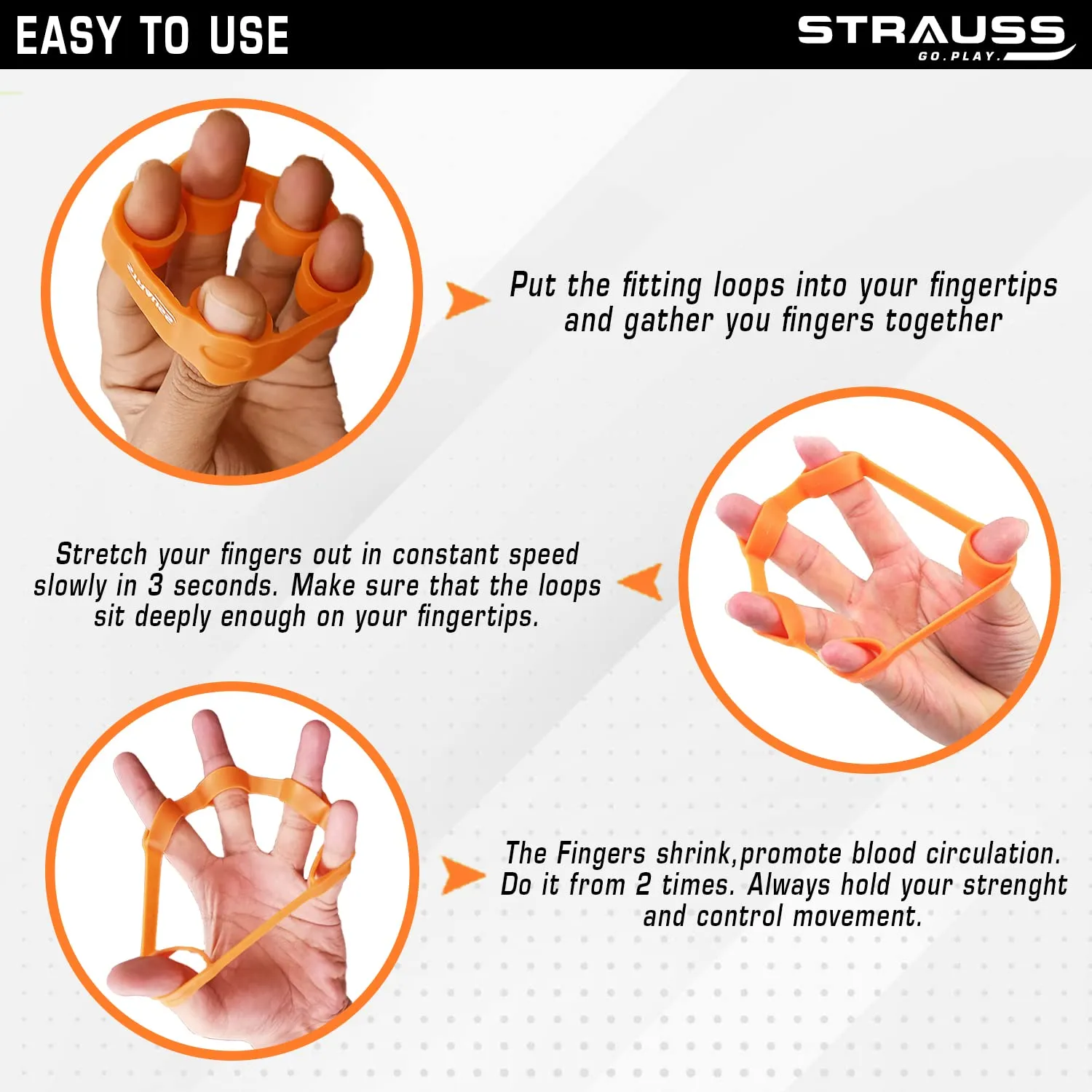 Strauss Finger Stretcher | Hand Strengthener for Carpal Tunnel Relief and Grip Strength | Silicone Finger Gripper and Finger Stretcher | Ideal for All Skill Level, (Orange)