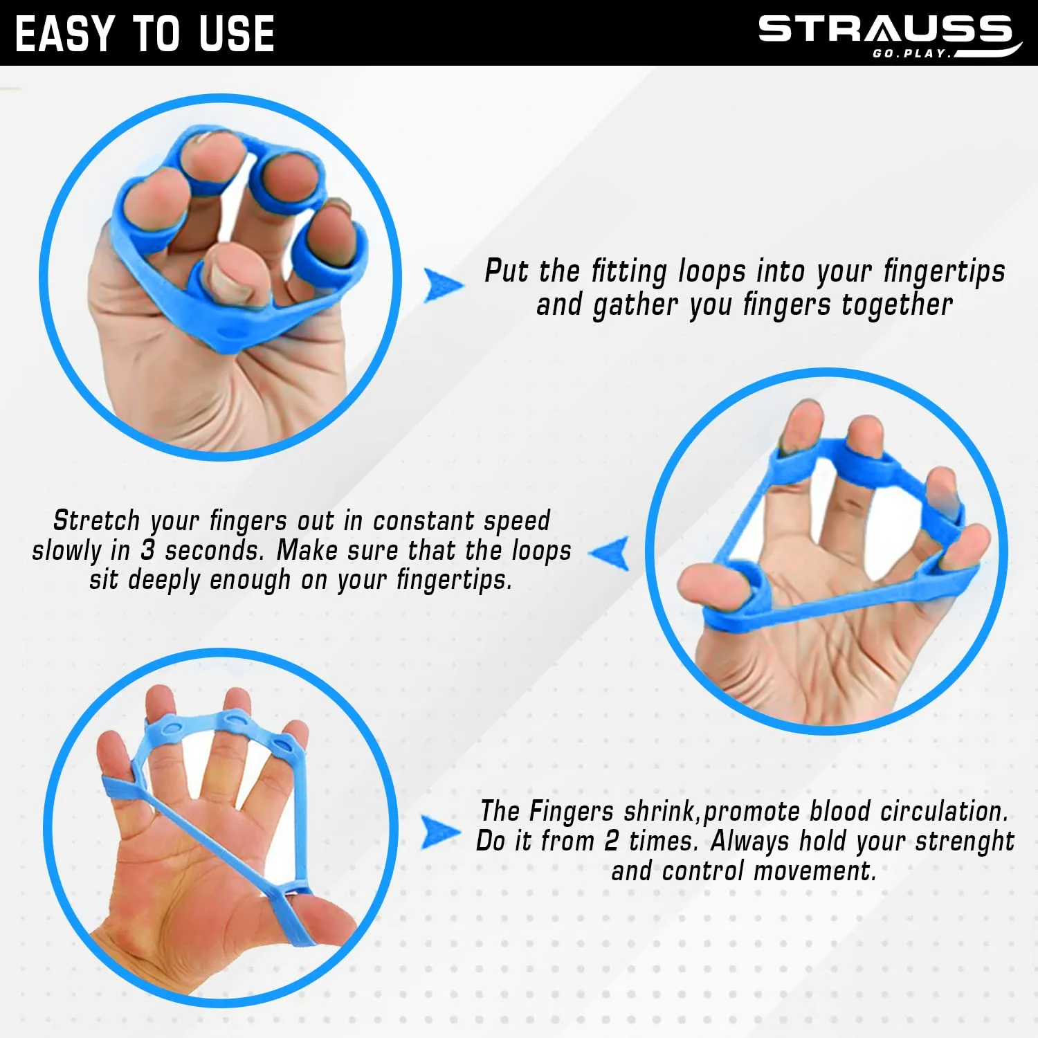 Strauss Finger Stretcher | Hand Strengthener for Carpal Tunnel Relief and Grip Strength | Silicone Finger Gripper and Finger Stretcher | Ideal for All Skill Levels, (Blue)