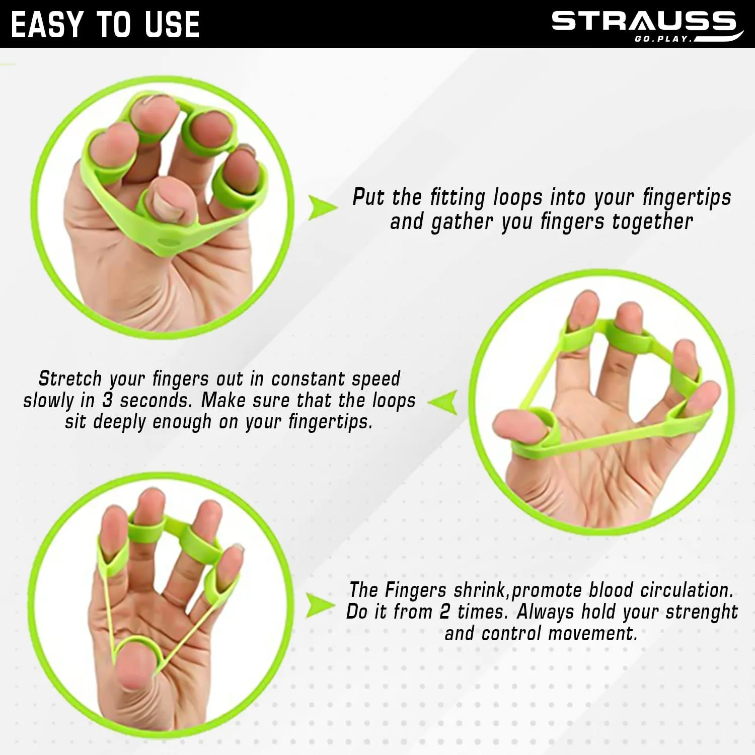 Strauss Finger Stretcher | Hand Strengthener for Carpal Tunnel Relief and Grip Strength | Silicone Finger Gripper and Finger Stretcher | Ideal for All Skill Levels | Set of 3