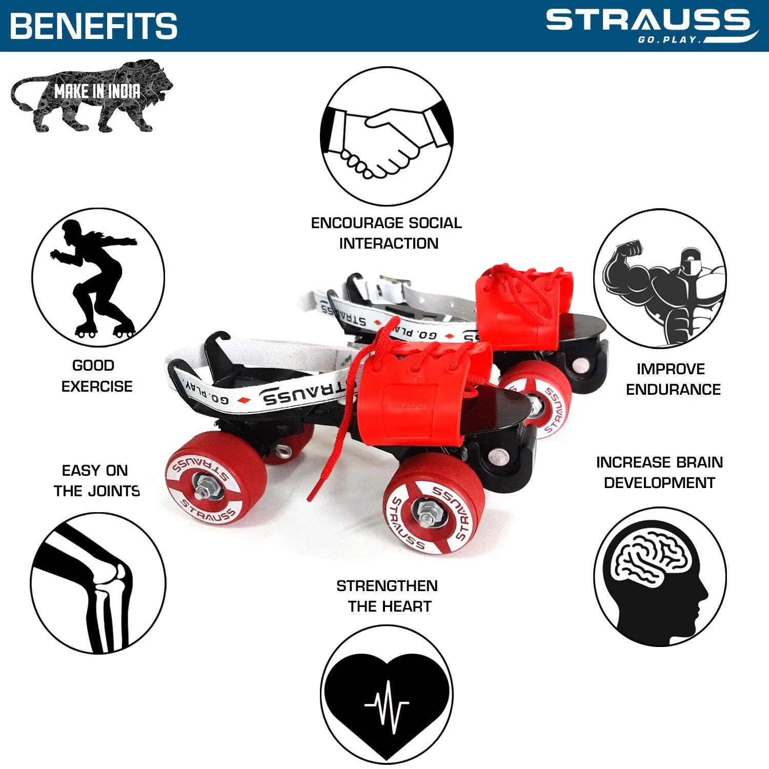 STRAUSS Senior Tenacity Roller Skates with Brakes | Roller Blades for Kids | Adjustable Shoe Size | Ideal for Indoor and Outdoor Skating | Suitable for Age Group Above 9 Years, (Black)