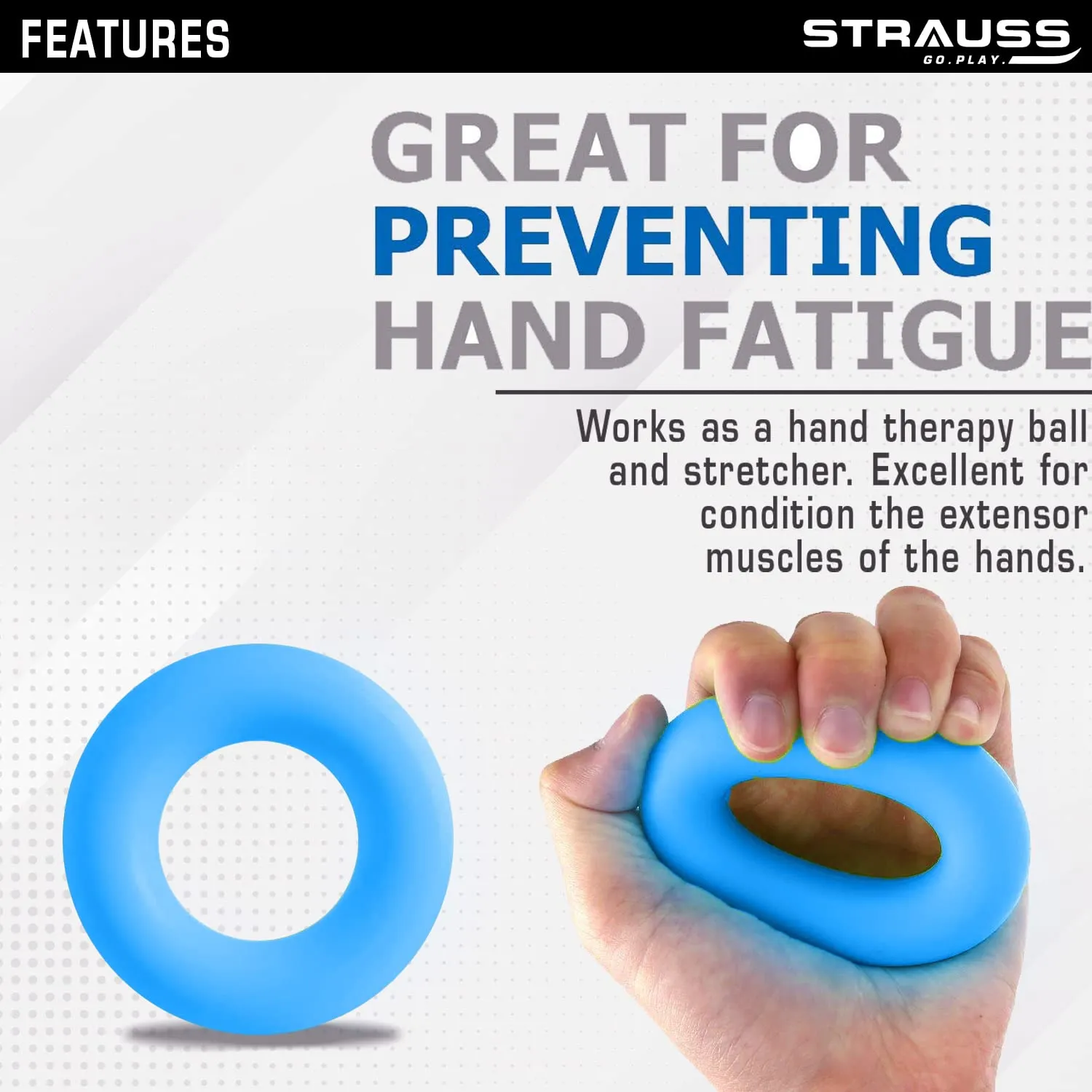 Strauss Silicon Palm Hand Grip Exerciser | Hand Strengthener for Carpal Tunnel Relief and Grip Strength | Silicone Finger Gripper and Finger Stretcher | Ideal for All Skill Levels, (Blue)