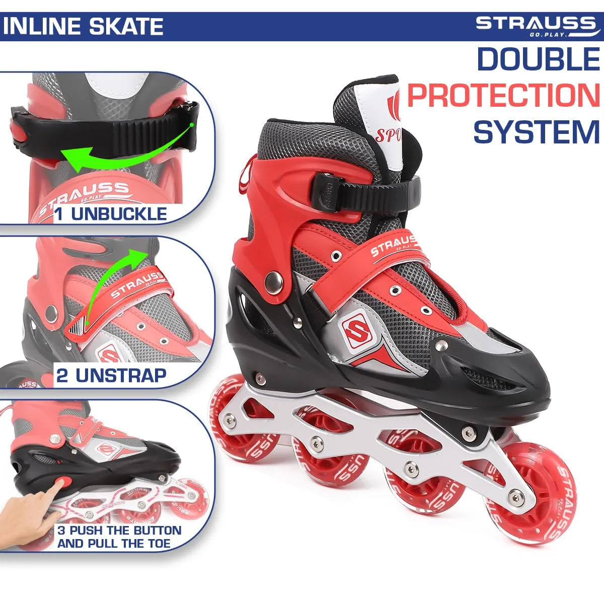 STRAUSS Vortex Adjustable Size Inline Skates | Skating Shoes for Boys & Girls | 4 Wheels |Beginner-Friendly Skating Shoe | Adjustable Roller Blades | Enhanced Stability and Support| Size M,(Red)