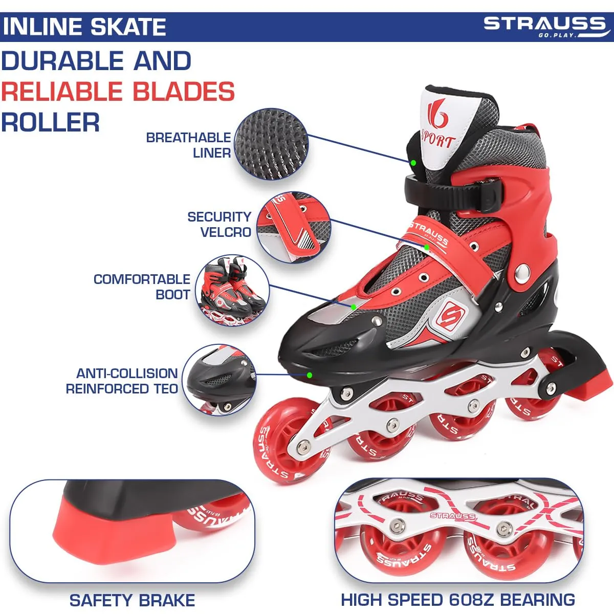 STRAUSS Vortex Adjustable Size Inline Skates | Skating Shoes for Boys & Girls | 4 Wheels |Beginner-Friendly Skating Shoe | Adjustable Roller Blades | Enhanced Stability and Support| Size M,(Red)