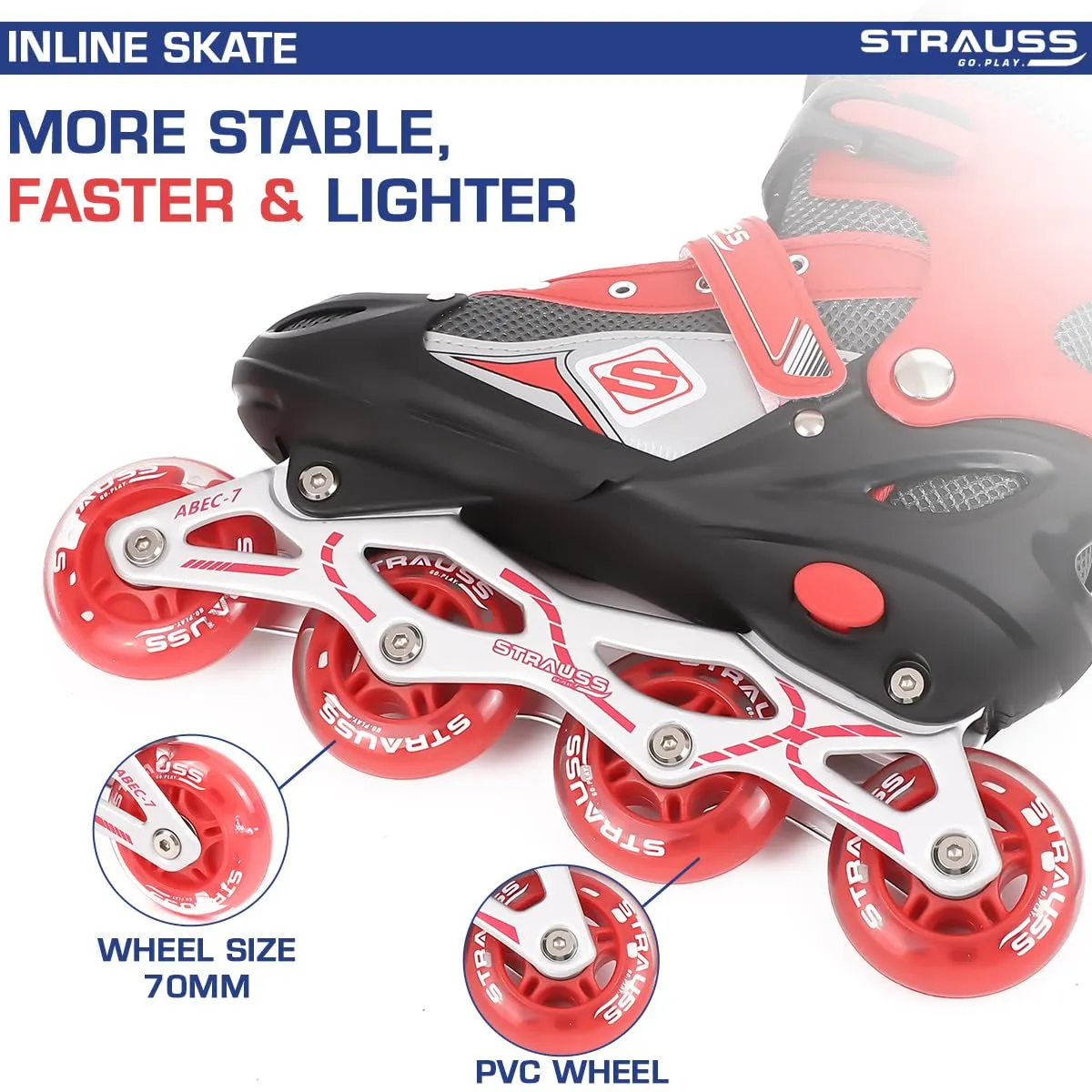 STRAUSS Vortex Adjustable Size Inline Skates | Skating Shoes for Boys & Girls | 4 Wheels |Beginner-Friendly Skating Shoe | Adjustable Roller Blades | Enhanced Stability and Support| Size M,(Red)